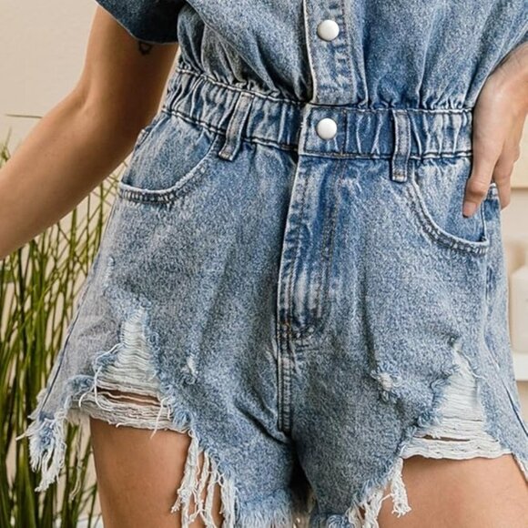 Distressed Light Wash Denim Buttoned Romper - Picture 4 of 5